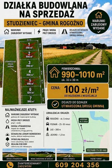 Działka budowlana z Warunkami Zabudowy – Studzieniec, gm. Rogoźno