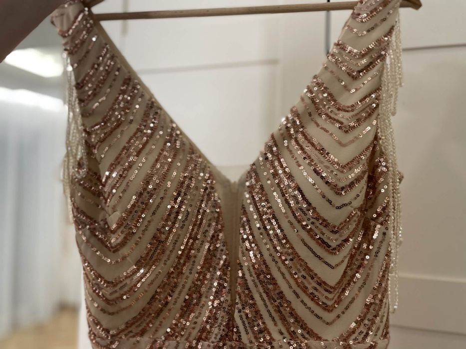 Sukienka wieczorowa maxi – cekiny, różowe złoto , Sylwester