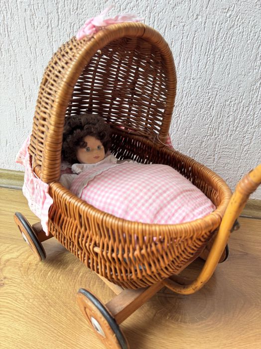 Wiklinowy wózek dla lalek boho retro handmade