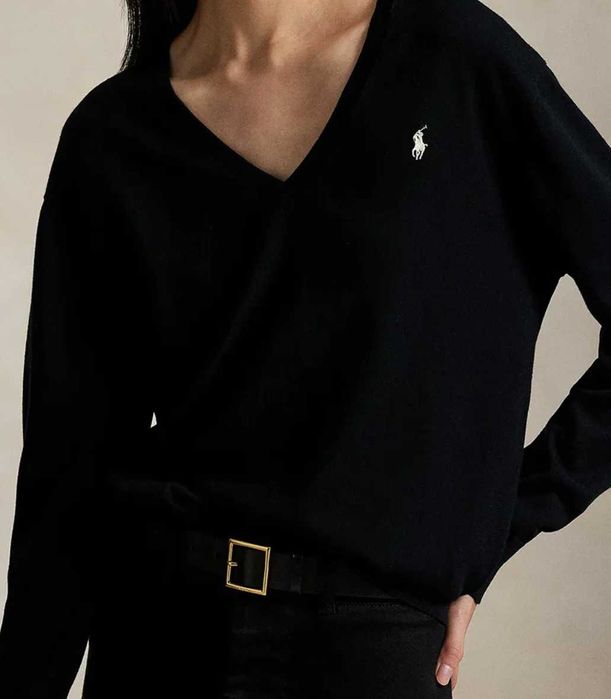 Czarny sweter z dekoltem V bawełniany cienki klasyczny Polo Ralph Lauren damski XS S