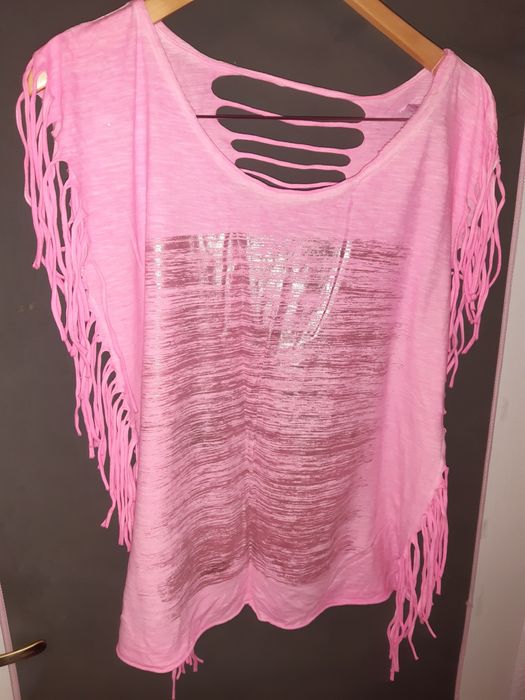 Różowy T-shirt / bluzka z frędzlami, rozm. L/XL