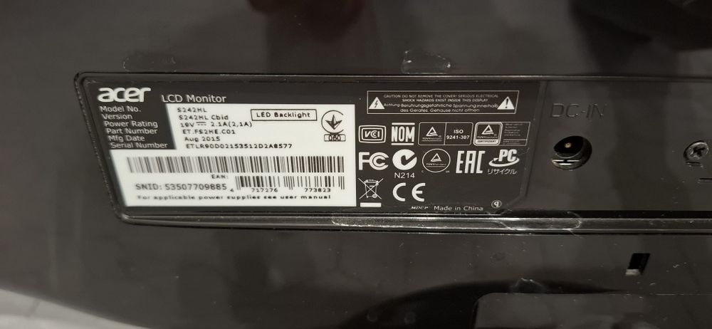 Monitor LCD komputerowy Acer S242HL HDMI DVI VGA zasilacz