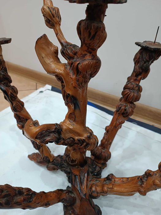 Świecznik drewniany z korzenia, rękodzieło z PRL