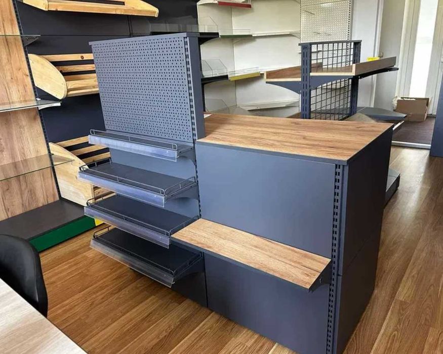 Касові прилавки. Касові бокси в магазин. Торгове обладнання. Торгові стелажі. Вітрини для випічки. Кавомодулі