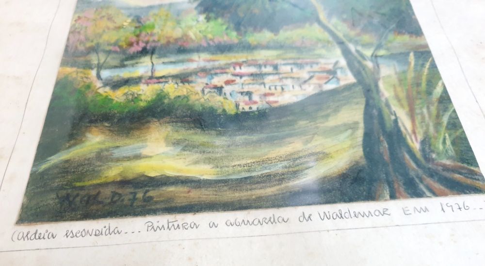 WALDEMAR: Aguarela paisagística "Aldeia escondida" assinada de 1976
