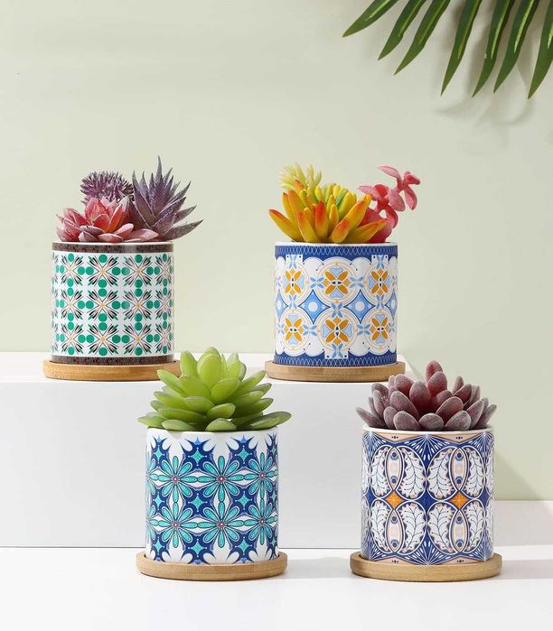 Doniczki ceramiczne na sukulenty, zestaw 4 ozdobnych doniczek