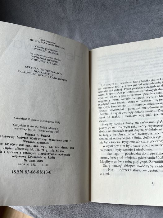 Książka Stary człowiek i morze -  Ernest Hemingway.