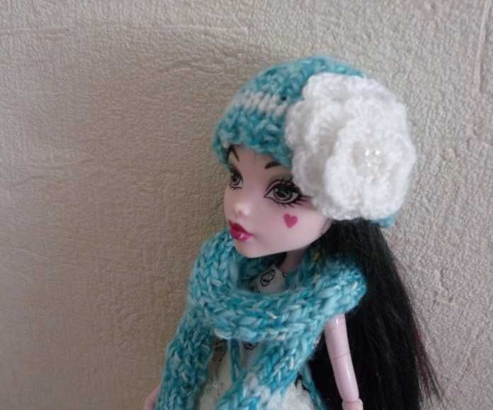 nowy komplet czapka szalik torebka na drutach dla lalki Monster high