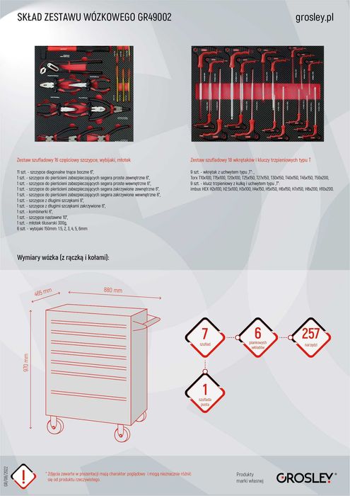 Wózek narzędziowy 7 szuflad z zestawem 257 narzędzi GROSLEY