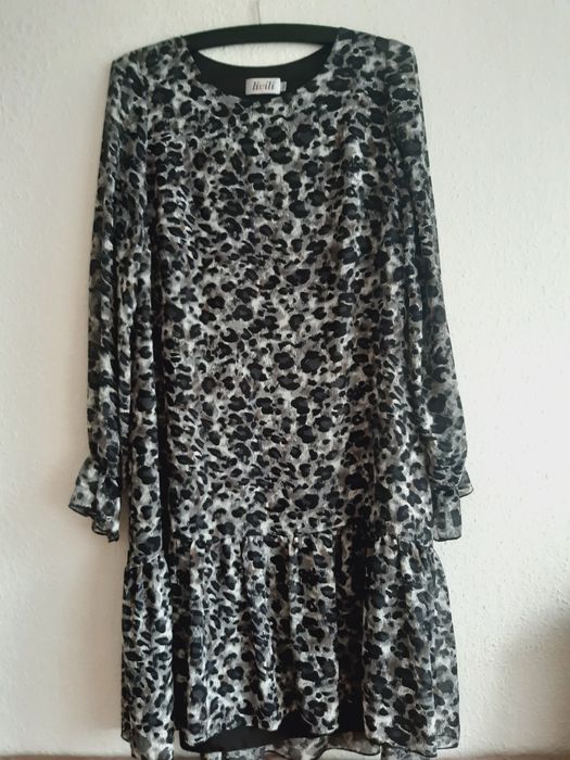 Nowa elegancka szara sukienka  L 40 panterka cętki midi