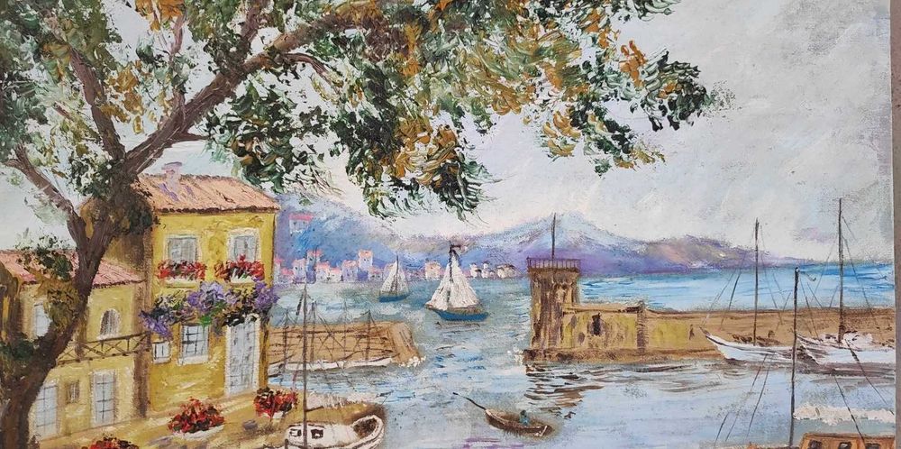 Paisagem provençal, porto e montanhas - Óleo tela - Pintura Quadro