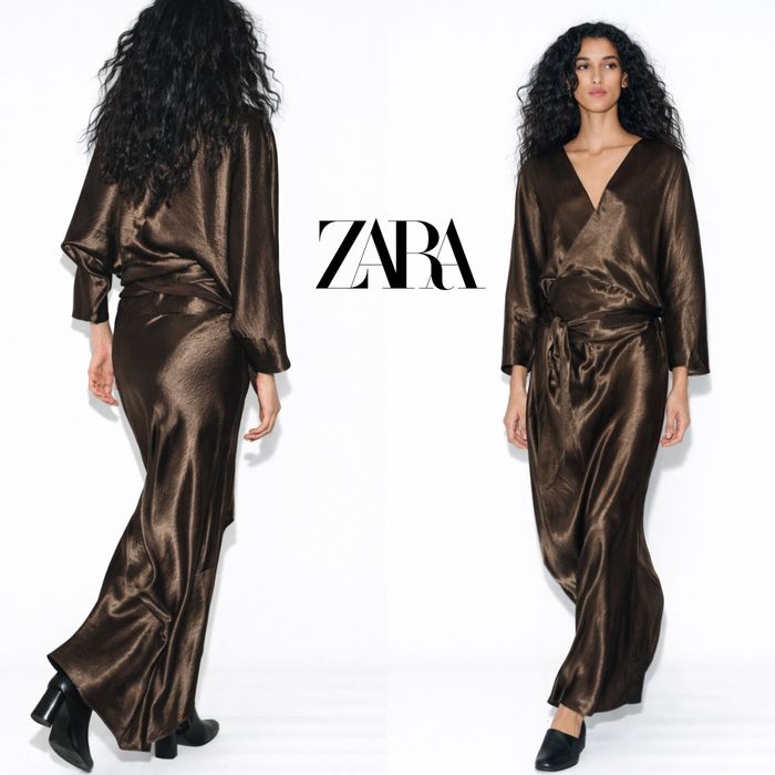 Zara шикарна довга  атласна сукня з запахом