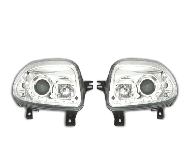FARÓIS FRONTAIS RENAULT CLIO 98-01 LUZ DIURNA LED FUNDO CROMADO