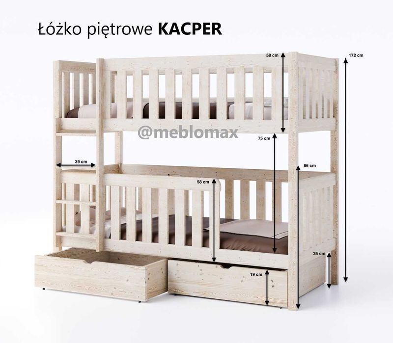 Łóżko piętrowe dla najmłodszych dzieci z barierkami bezpieczne sosnowe