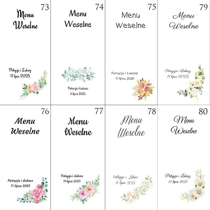Menu weselne na ślub uroczystość impezę karta dań posiłków
