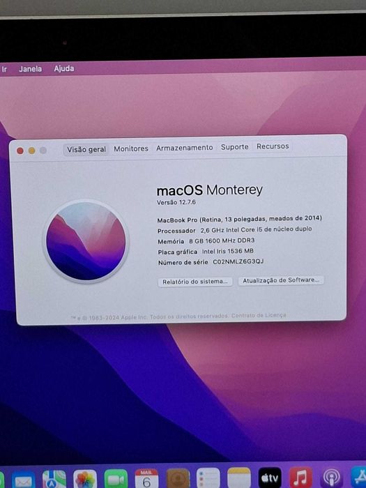 MacBook Pro Ecrã Retina 13,3" i5 2,6Ghz MacOSMonterey 8 Gig RAM C/NOVO