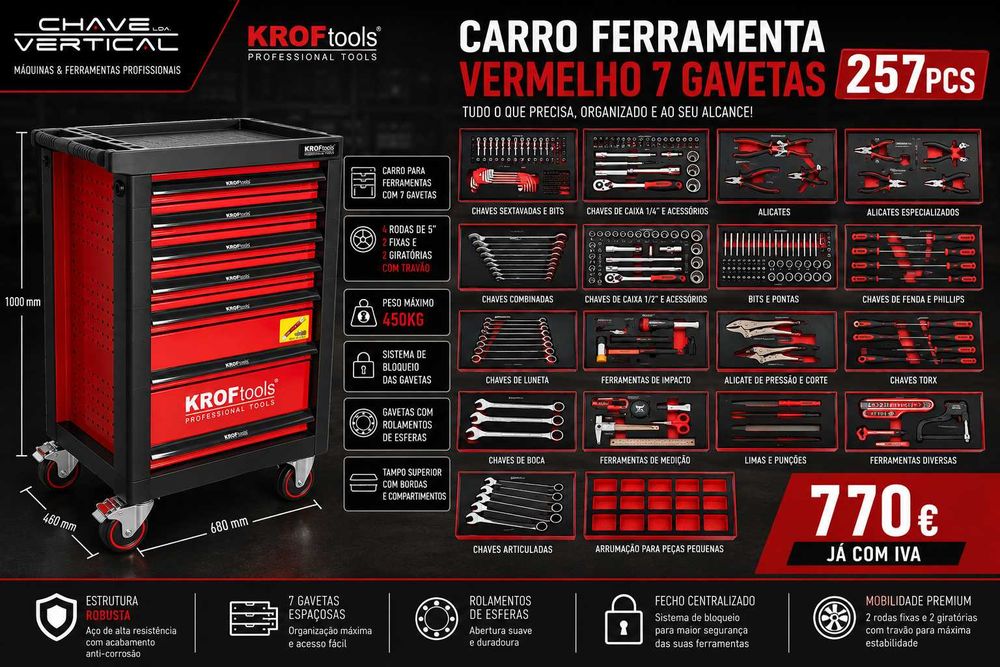 CARRO DE FERRAMENTAS VERMELHO KROFTOOLS 7 GAVETAS COM 257 PEÇAS LL29
