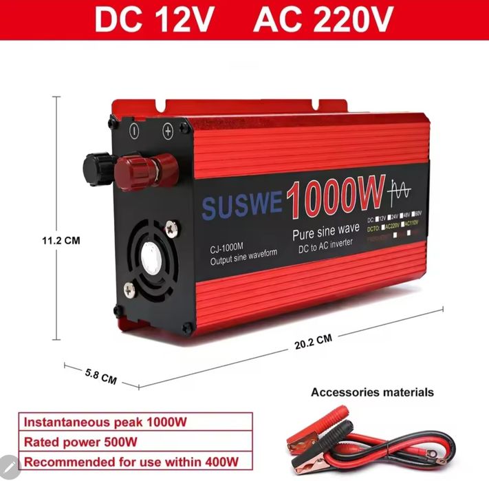 Przetwornica 12V na 230 V czysty sinus pure shine 1000W.