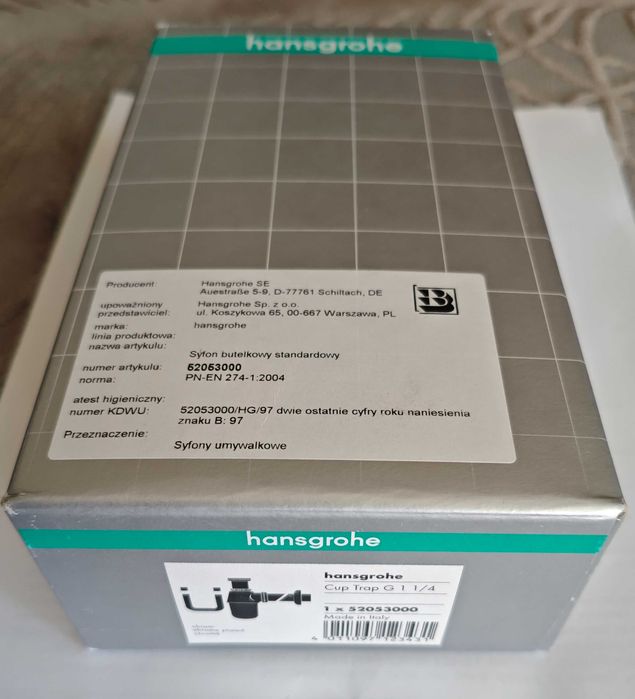 Syfon butelkowy do umywalek HANSGROHE 52053000 Chrom - nowy