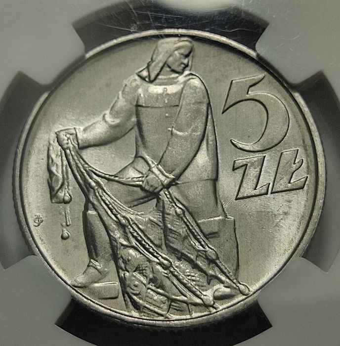 5 zł 1974, NGC MS66, Rybak z trawką, destrukt