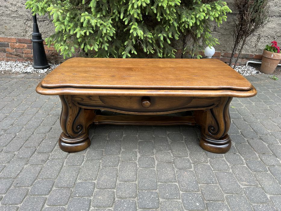 Stylowa Ława Dębowa Szuflada Stolik Kawowy DąbRustykalny Po Renowacji