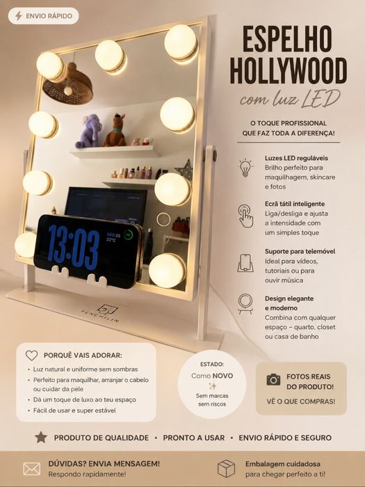 Espelho Hollywood LED com Luzes + Suporte Telemóvel | NOVO