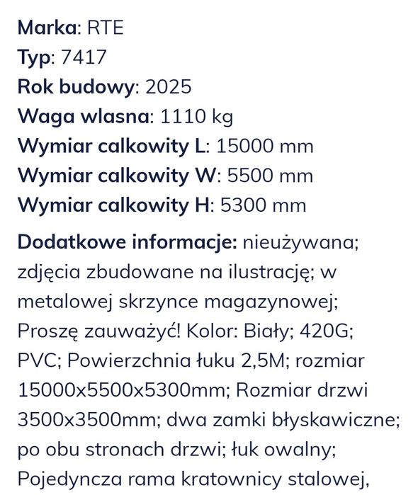Hala namiotowa NOWA!!!15x5.5x5.3