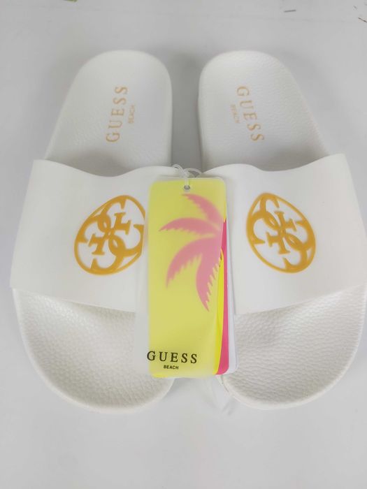 Nowe klapki plażowe GUESS białe złote 39
