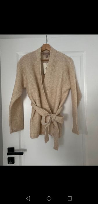 Sweter kardigan H&M z paskiem wełniany XS