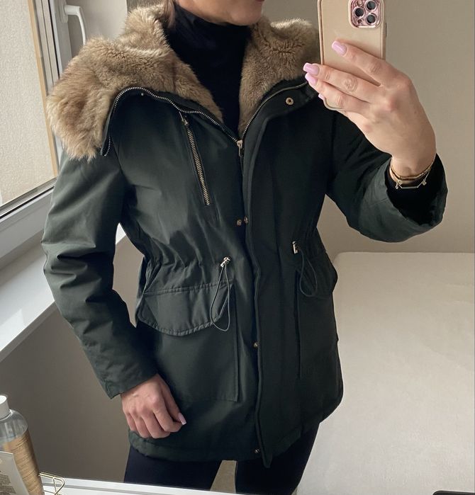 Parka kurtka Mango M zimowa futerko miś zielona butelkowa