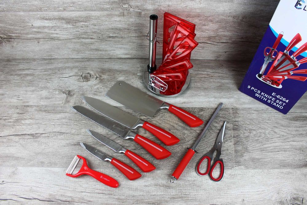 Czerwony Zestaw noży Elitehoff E-6264 – 9 el. obrotowy stojak