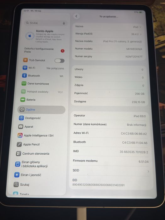 Tablet Ipad 11 Pro 3 generacja 256gb cellular wifi