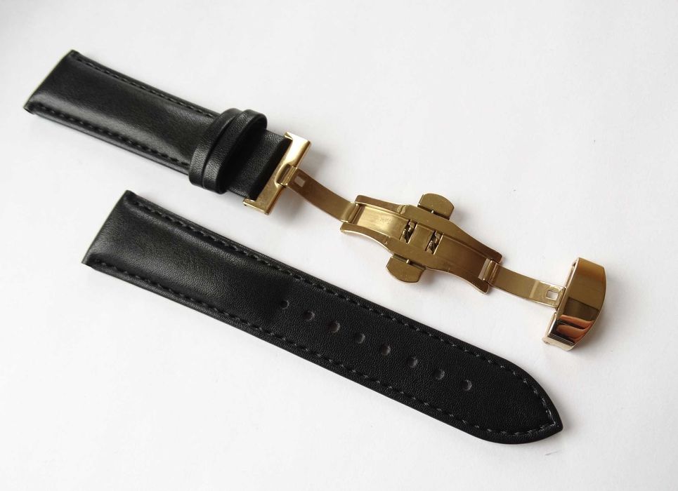 Czarny skórzany pasek do zegarka 18mm złote zapięcie motylkowe