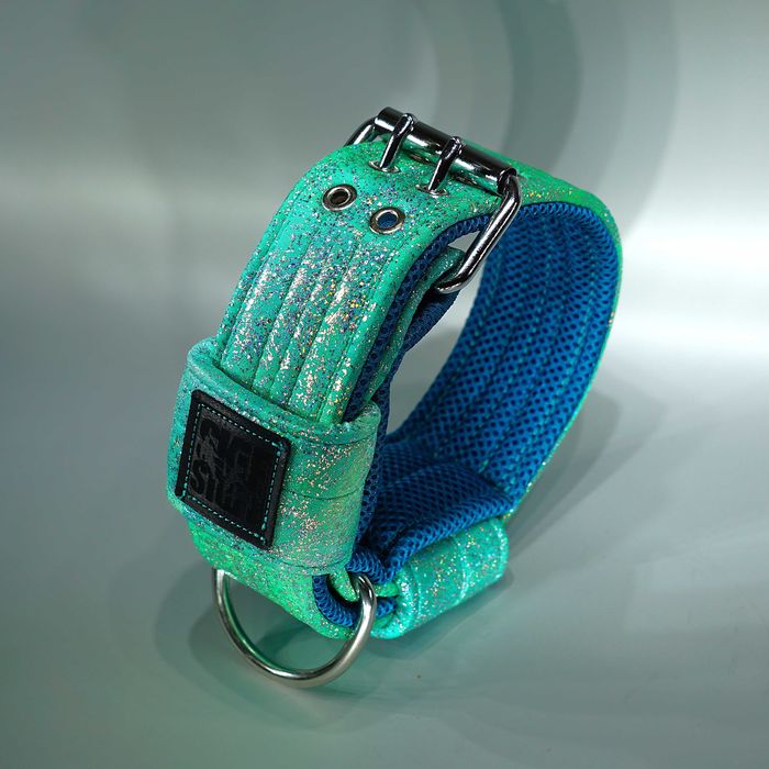 Brokatowa TURKUSOWA obroża dla psa 5 cm — PREMIUMcomfort