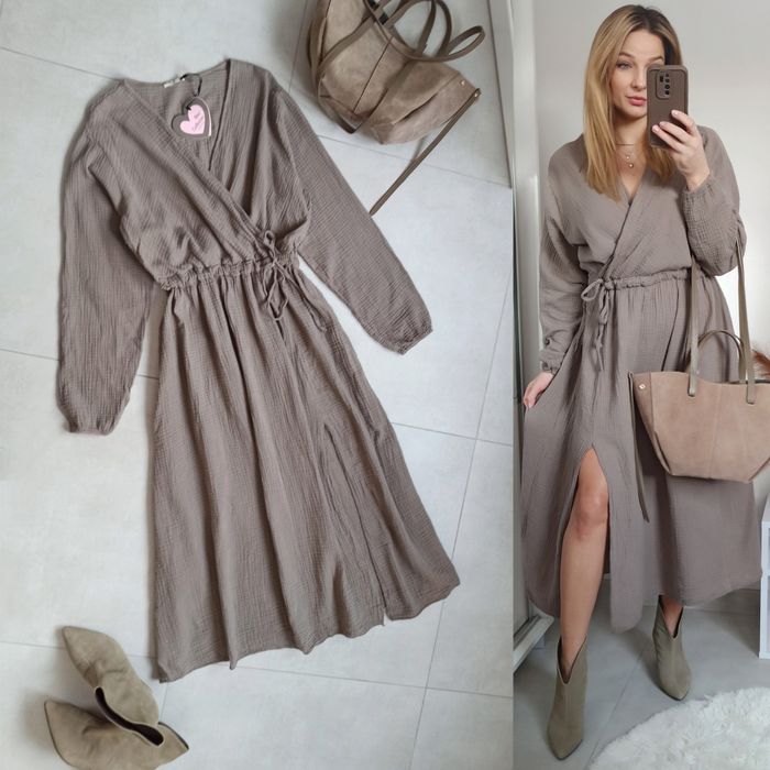 New collection sukienka brązowa fango MIDI bawełna muślinowa uni