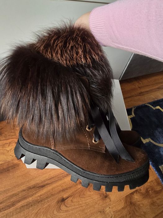 Buty futro naturalne lis r.38 skóra zamsz ocieplane botki