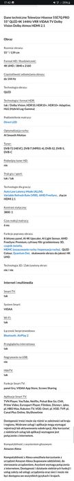 3 lata GWARANCJI - TV Hisense  LED 55E7QK PRO 55' 144Hz 4K HDR