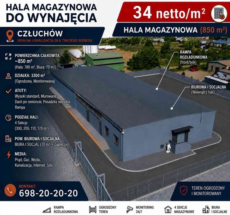 Hala/magazyn 850m2 na wynajem położona na działce 3300 m2