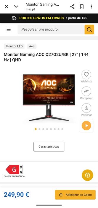 Monitor AOC 27'' - 1 ms - 144 Hz - QHD - 2560x1440p - Free Sync