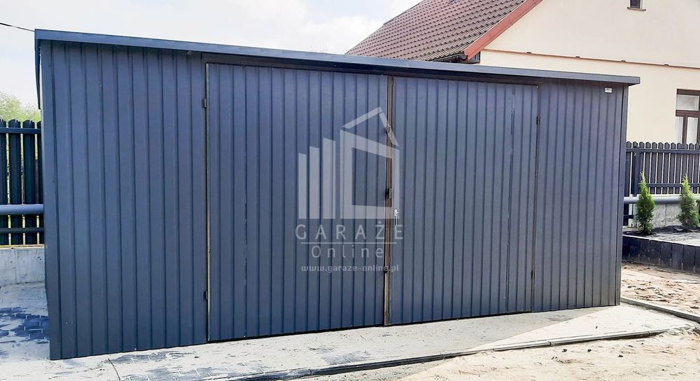 GARAŻ BLASZANY 6x5 spad tył - Brama - antracyt wolnostojący ID174