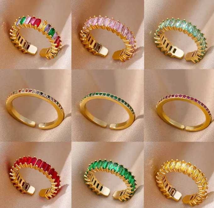 Anéis dourados delicados com pedras coloridas ENVIO GRÁTIS NOVO