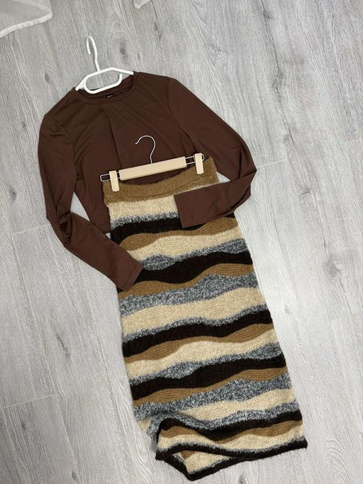 НОВЕ гольф коричневий кофта тепла міді спідниця довга вязана кофта