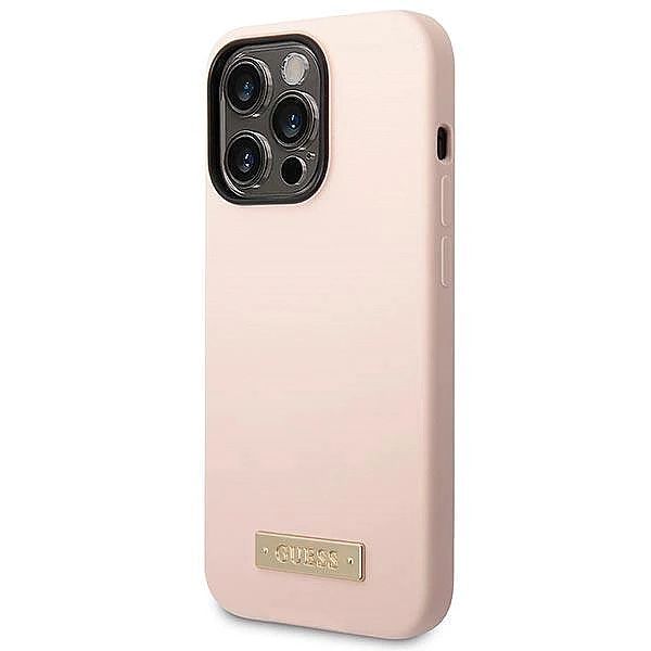 Etui Guess Silicone Logo Plate MagSafe na iPhone 14 Pro Max - różowe