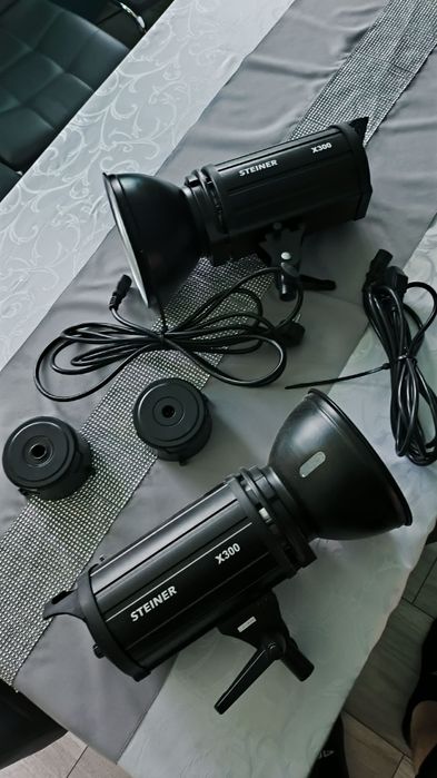 Studyjne lampy błyskowe Steiner x300 + statywy + softboxy + wyzwalacz