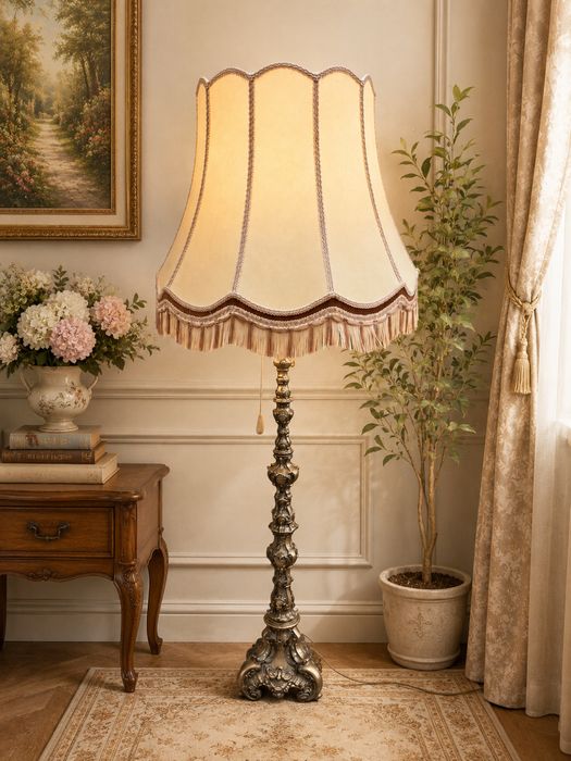 Stylowa Stojąca Lampa z Abażurem Mosiężna Rokoko Antyk Uniakt Ludwik Stan BDB