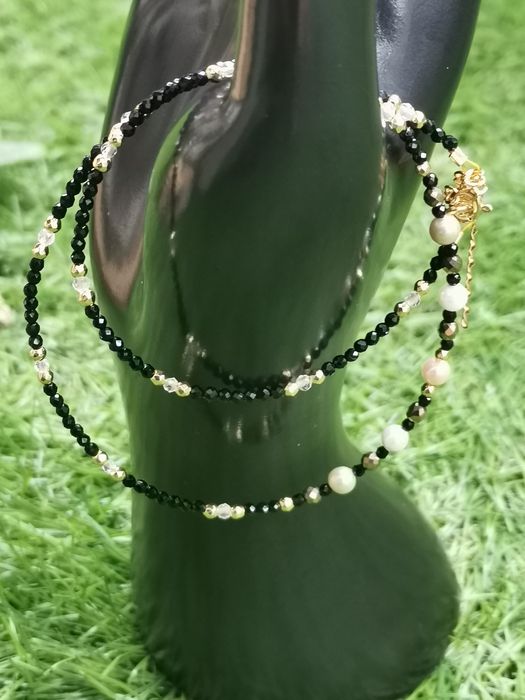Naszyjnik choker na lince kryształ górski srebro 925 perły seashell