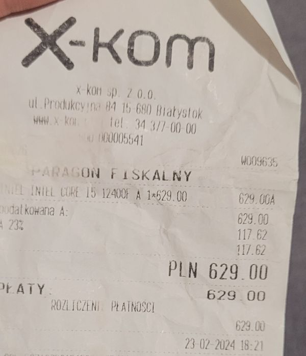 Intel i5-12400F, Gwarancja PL, Paragon, Stan BDB