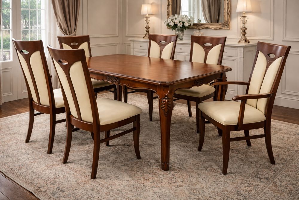 Елітний розкладний стіл і 6 стільців. Натуральна шкіра. Масив