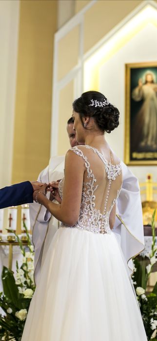 Suknia ślubna 36/38 wzrost 178cm+1cm zdobiona koronka Adrianna Edith