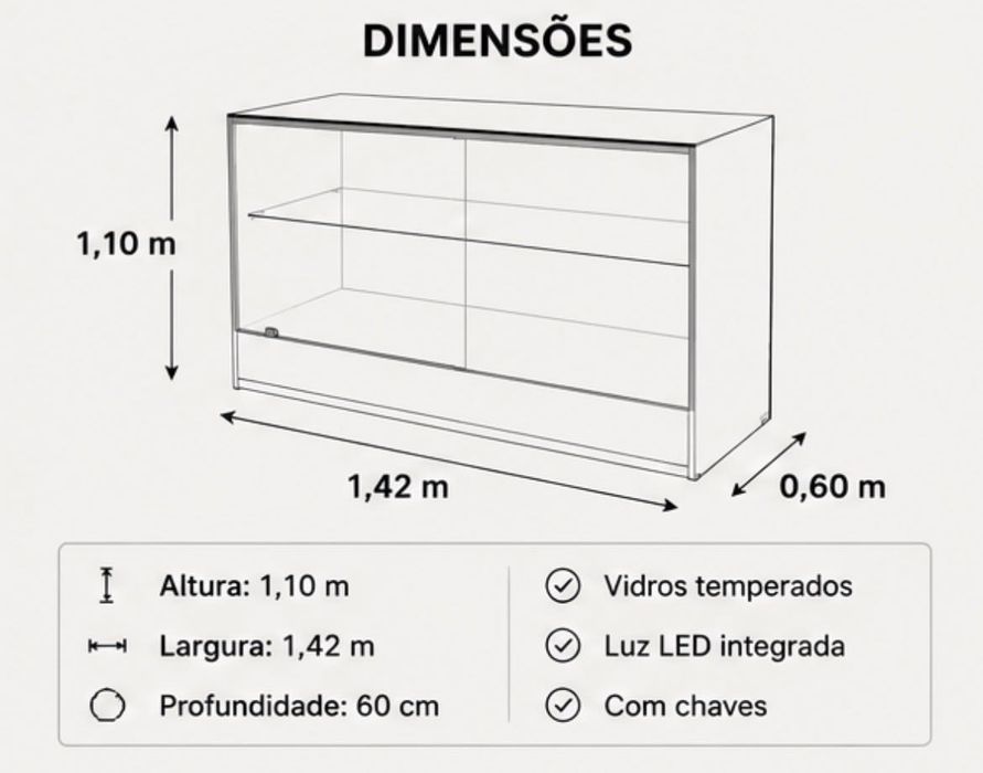 Vitrine / Montra Expositora em Vidro Temperado c/ Luz e Chave – 142x110 cm